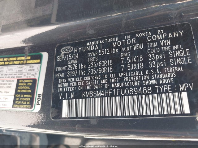 KM8SM4HF1FU089488 Hyundai dohc gdi lambda ii