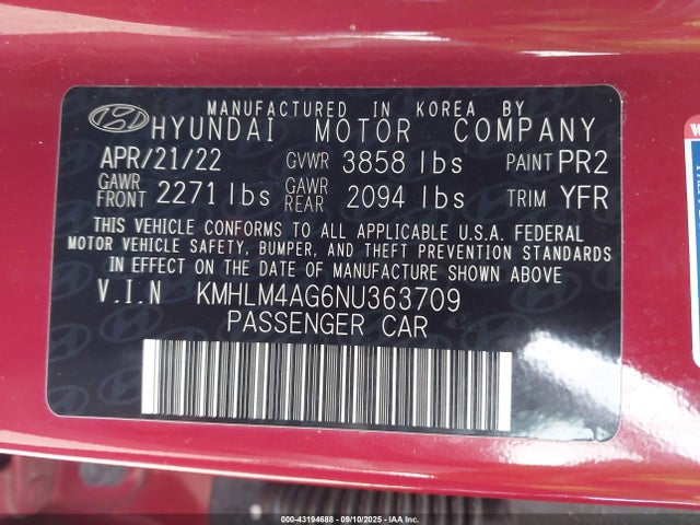 KMHLM4AG6NU363709 Hyundai mpi nu pe