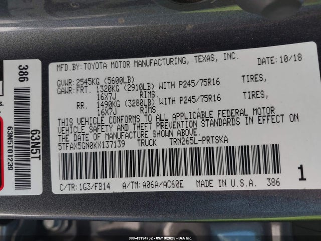 5TFAX5GN0KX137139 Toyota 2tr-fe