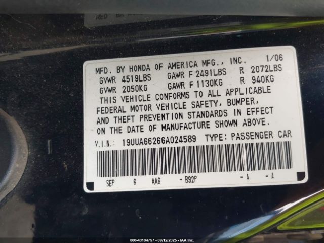 2006 ACURA TL 19UUA66266A024589 Photo 8