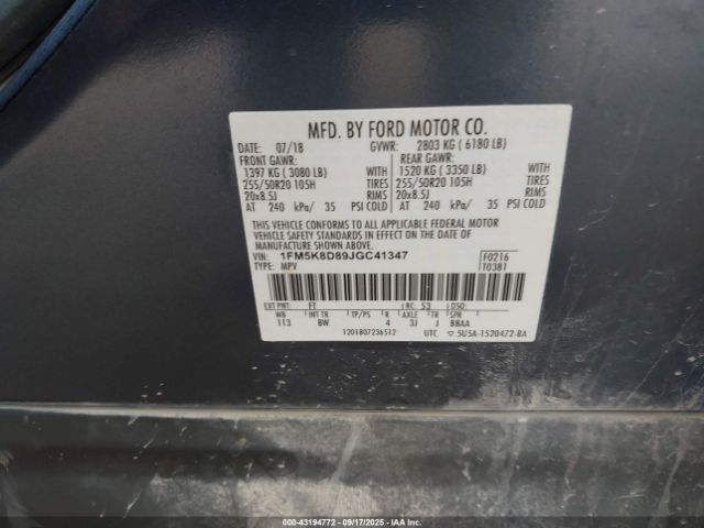 2018 FORD EXPLORER 1FM5K8D89JGC41347 Photo 8