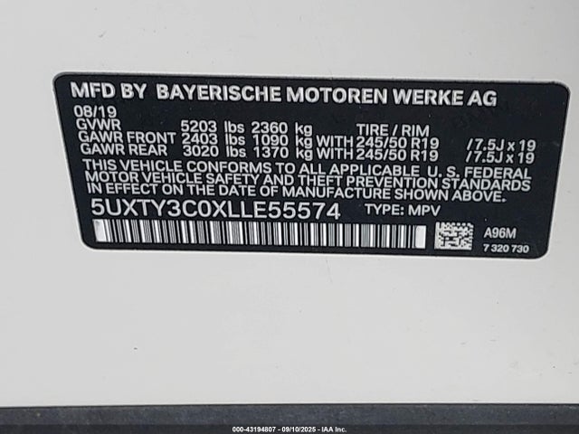 BMW X3 2020 5UXTY3C0XLLE55574 Image 9