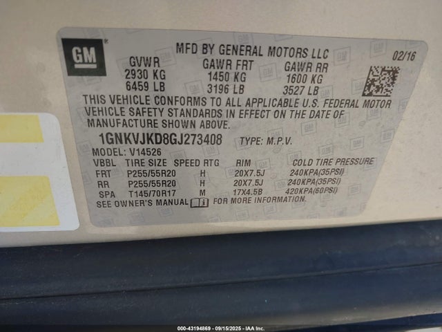 1GNKVJKD8GJ273408 Chevrolet llt - sidi, alum, 60 degrees