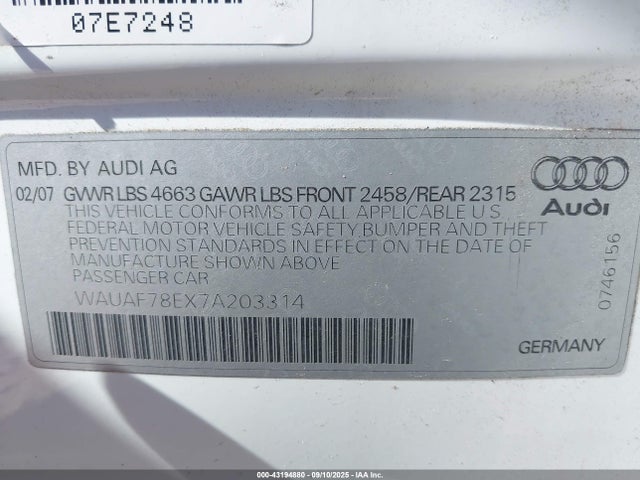 2007 AUDI A4 WAUAF78EX7A203314 Photo 8