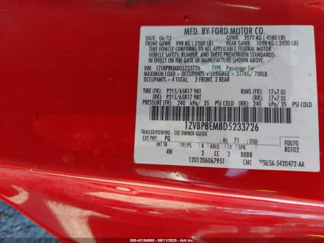 2013 FORD MUSTANG 1ZVBP8EM8D5233726 Photo 8