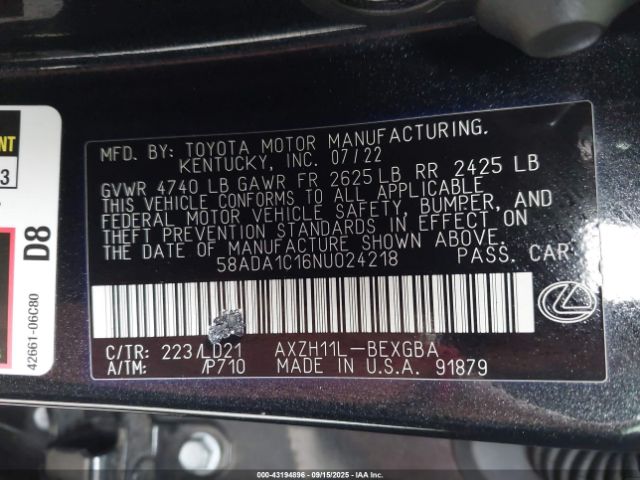 2022 LEXUS ES 300H 58ADA1C16NU024218 Photo 8