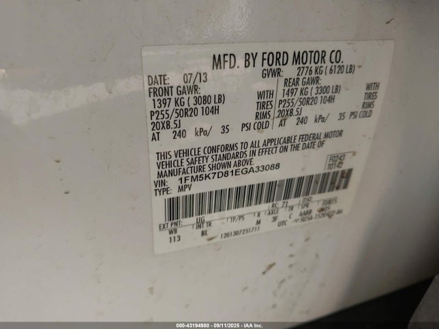 1FM5K7D81EGA33088 Ford EXPLORER XLT