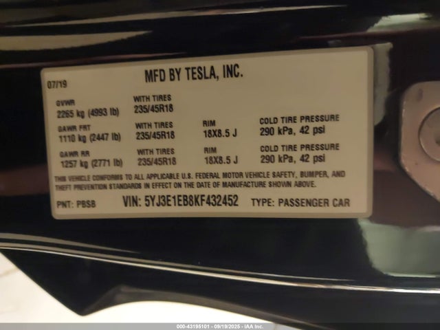 2019 TESLA MODEL 3 5YJ3E1EB8KF432452 Photo 8