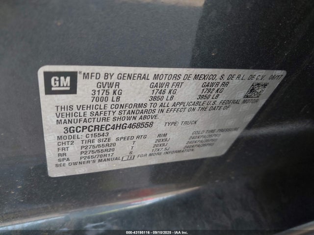 3GCPCREC4HG468558 Chevrolet l83 - sidi: spark ignited direct injection, vvt: variable valve timing, afm, e85 max, alum
