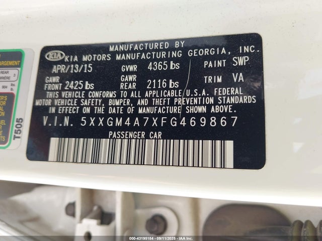 Aukcja sprzedaży 2015 Kia Optima Lx, vin: 5XXGM4A7XFG469867, numer aukcji: 43195184