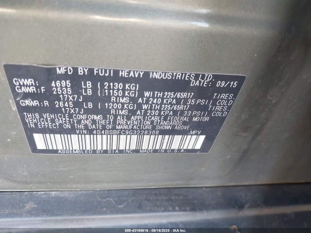 Subaru 2.5l u6 2016 4S4BSBFC9G3228308 Image 9