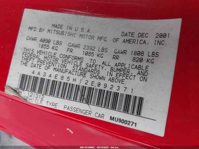2002 MITSUBISHI ECLIPSE SPYDER 4A3AE85H12E092371 Photo 8