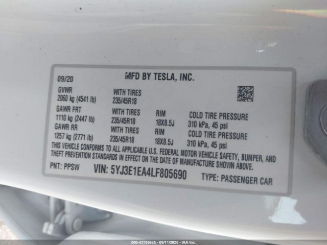 2020 TESLA MODEL 3 5YJ3E1EA4LF805690 Photo 8