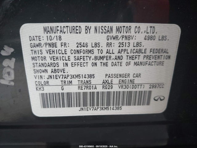 2019 Infiniti Q50 3.0t Luxe მანქანა იყიდება აუქციონზე, vin: JN1EV7AP3KM514385, აუქციონის ნომერი: 43195693