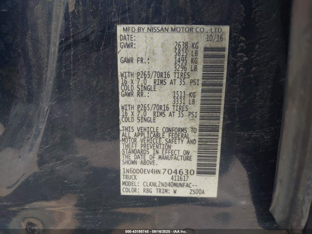 1N6DD0EV4HN704630 Nissan 2017