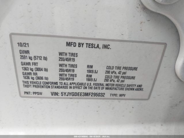 2021 TESLA MODEL Y 5YJYGDEE3MF295032 Photo 8
