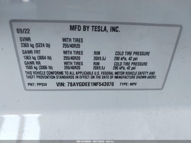 7SAYGDEE1NF543976 Tesla 2022