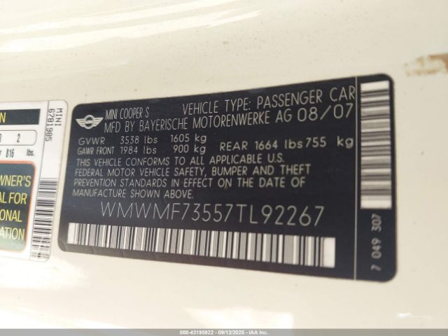 2007 MINI COOPER S WMWMF73557TL92267 Photo 8