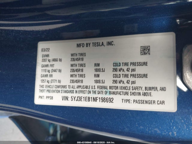 2022 TESLA MODEL 3 5YJ3E1EB1NF198692 Photo 8