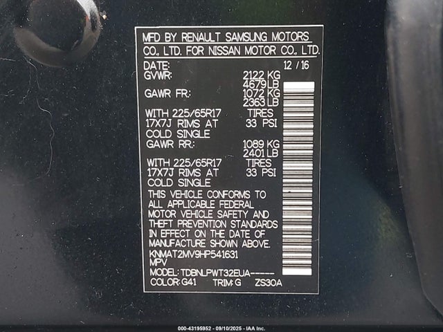KNMAT2MV9HP541631 Nissan ROGUE S