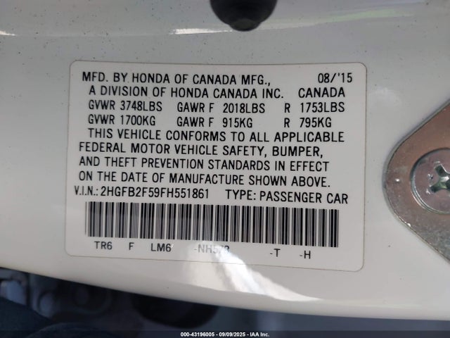 Honda r18z1 2015 2HGFB2F59FH551861 Image 9