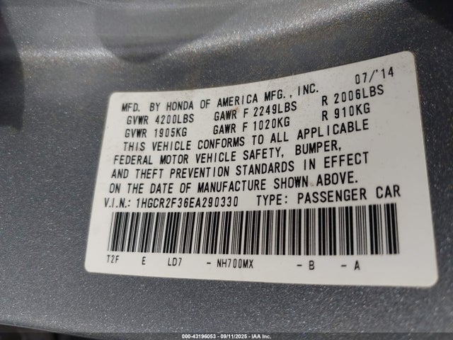 1HGCR2F36EA290330 Honda k24w1