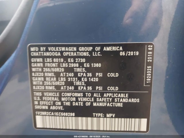Продаж на аукціоні авто 2019 Volkswagen Atlas 3.6l V6 Sel Premium, vin: 1V2NR2CA1KC568298, номер лоту: 43196056