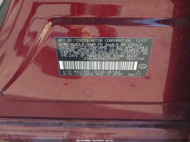 2008 LEXUS ES 350 JTHBJ46GX82204692 Photo 8