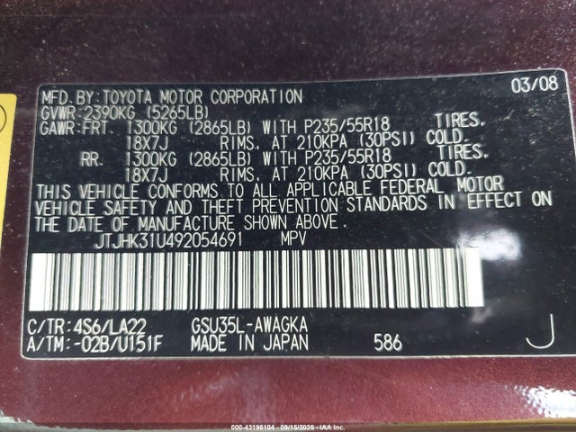 43196104 :رقم المزاد ، JTJHK31U492054691 vin ، 2009 Lexus Rx 350 مزاد بيع