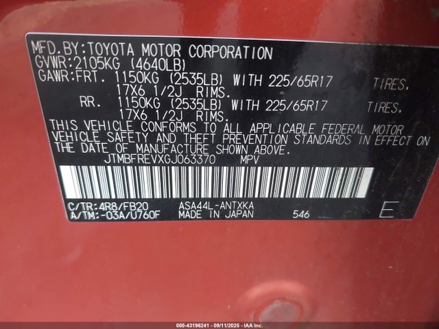 Toyota 2ar-fe 2016 JTMBFREVXGJ063370 Image 9