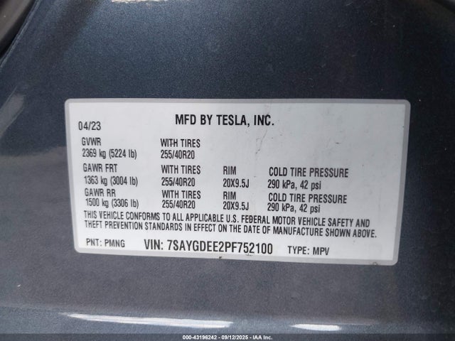 7SAYGDEE2PF752100 Tesla Model Y