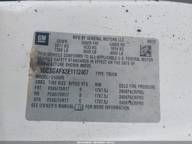 43196245 :رقم المزاد ، 1GCSGAFX3E1112467 vin ، 2014 Chevrolet Express 1500 Work Van مزاد بيع