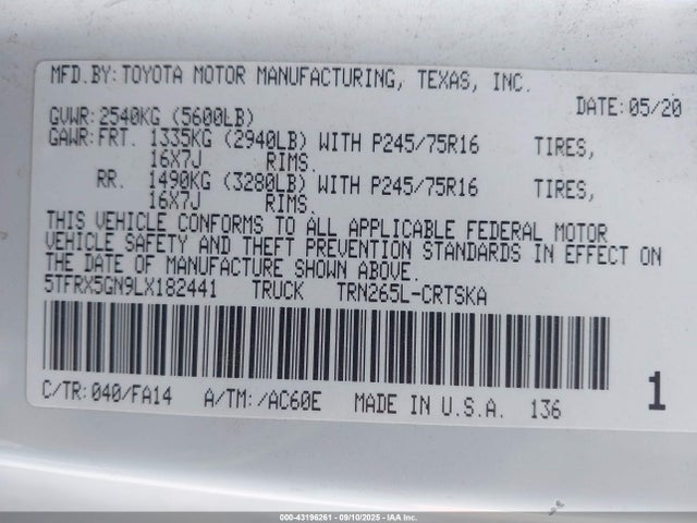 5TFRX5GN9LX182441 Toyota 2tr-fe