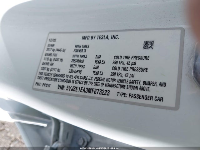 2021 TESLA MODEL 3 5YJ3E1EA3MF873223 Photo 8