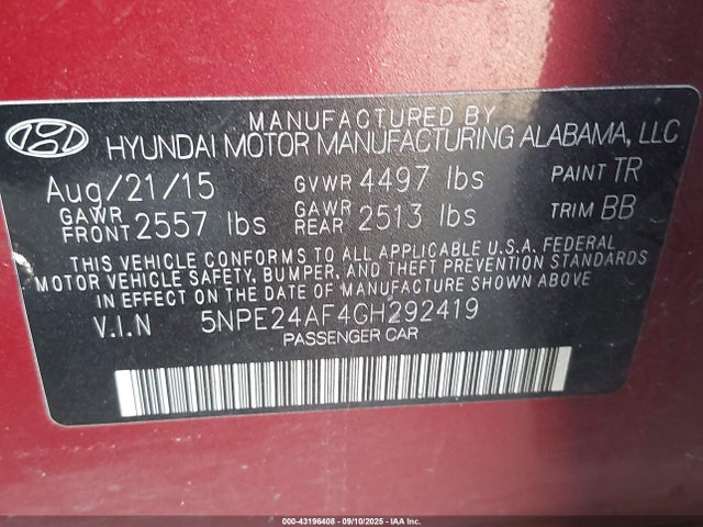 5NPE24AF4GH292419 Hyundai dohc gdi theta-ii
