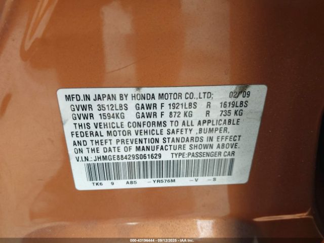 2009 HONDA FIT JHMGE88429S061629 Photo 8