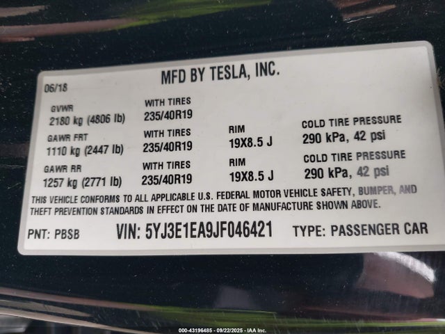 Продаж на аукціоні авто 2018 Tesla Model 3 Long Range/mid Range, vin: 5YJ3E1EA9JF046421, номер лоту: 43196485