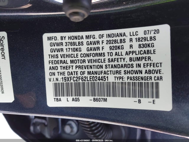 Honda k20c2 2020 19XFC2F62LE024451 Image 9
