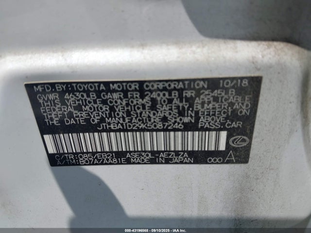 Lexus 8ar-fts 2019 JTHBA1D29K5087246 Image 9