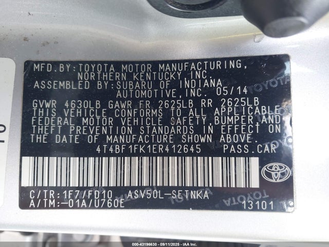 Toyota 2ar-fe 2014 4T4BF1FK1ER412645 Image 9