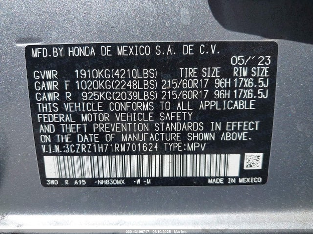 3CZRZ1H71RM701624 Honda k20z5