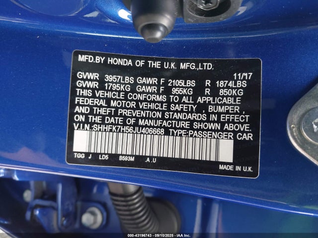 SHHFK7H56JU406668 Honda l15ba