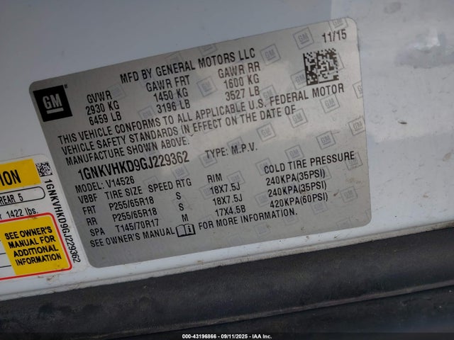 1GNKVHKD9GJ229362 Chevrolet llt - sidi, alum, 60 degrees