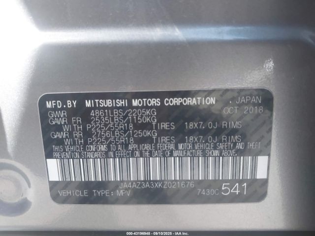 2019 MITSUBISHI OUTLANDER JA4AZ3A3XKZ021676 Photo 8