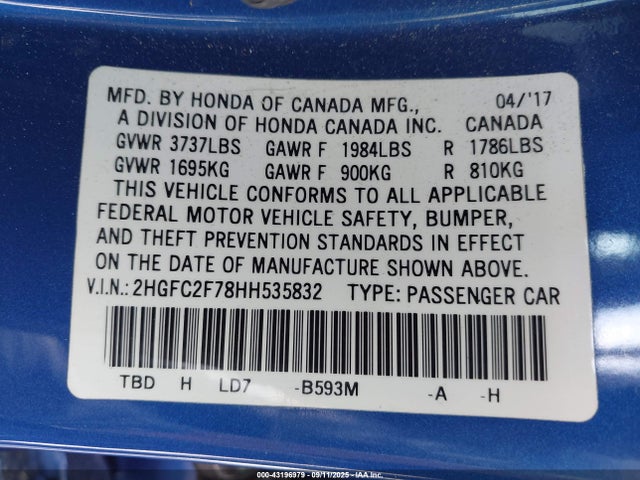 Honda k20c2 2017 2HGFC2F78HH535832 Image 9