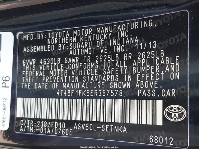 4T4BF1FK5ER367578 Toyota 2ar-fe