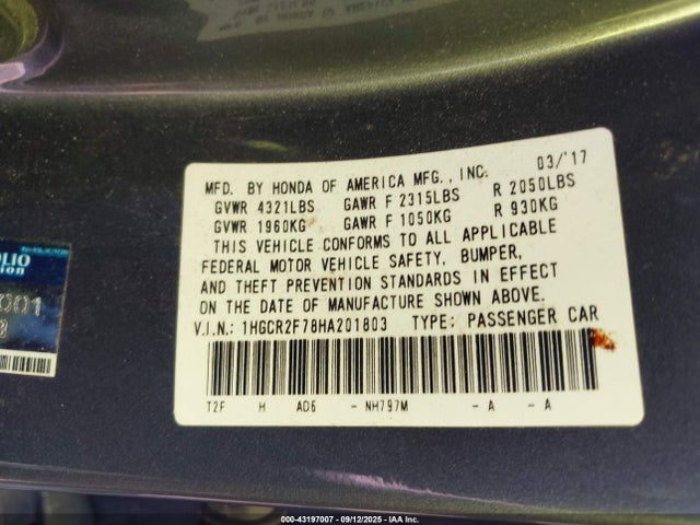 1HGCR2F78HA201803 Honda k24w1