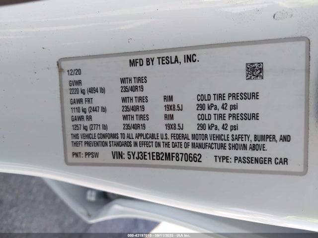 2021 TESLA MODEL 3 5YJ3E1EB2MF870662 Photo 8