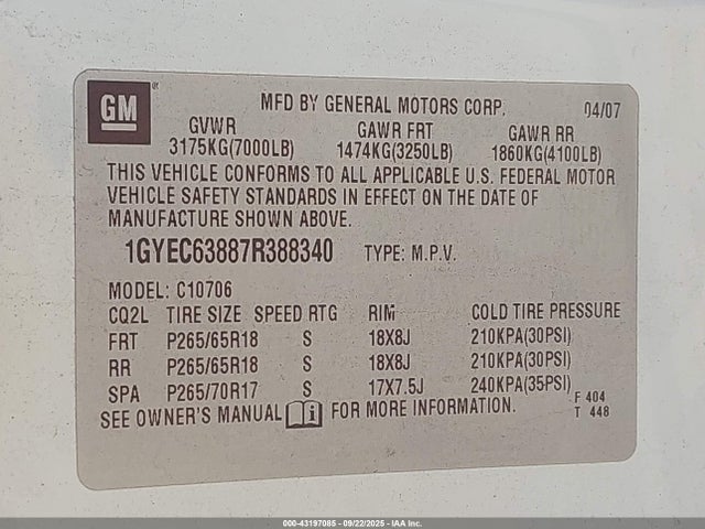 2007 CADILLAC ESCALADE 1GYEC63887R388340 Photo 8
