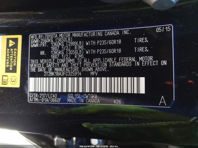 Lexus 2gr-fe 2015 2T2BK1BA3FC325914 Image 9